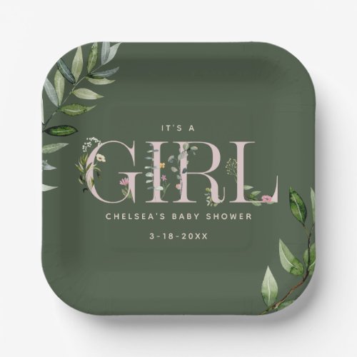 Eucalyptus Lettering Green Pink Girl Baby Shower Paper Plates