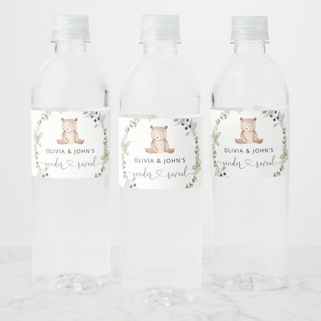 Eucalyptus little bear gender reveal water bottle label (Bottles)