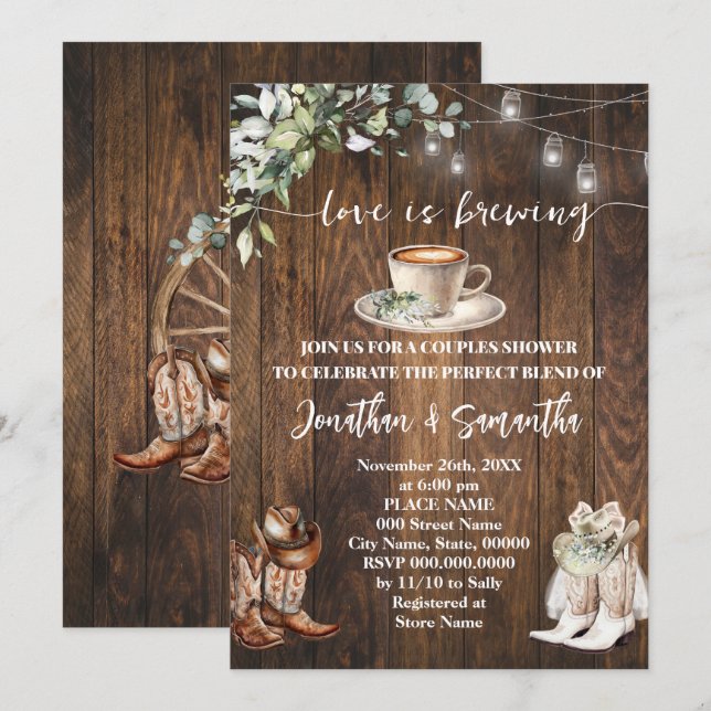 Eucalyptus Love is Brewing Western Couples Shower Invitation (Front/Back)