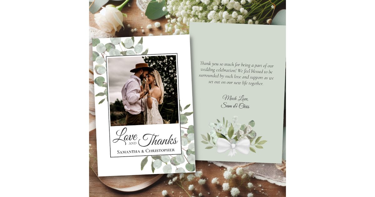 Eucalyptus Love & Thanks Photo & Note Wedding Thank You Card | Zazzle
