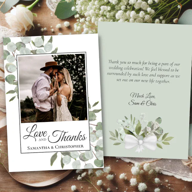 Eucalyptus Love & Thanks Photo & Note Wedding Thank You Card | Zazzle