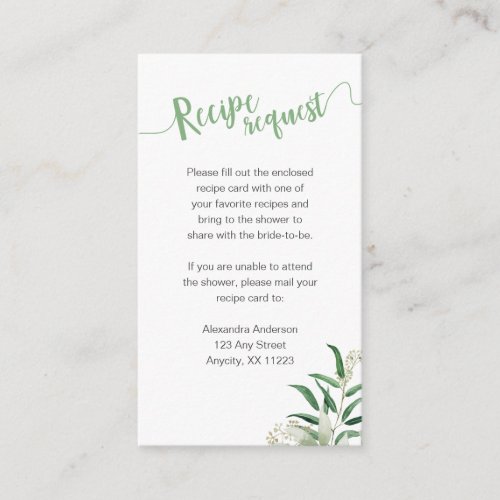 Eucalyptus Mason Jar Bridal Shower Recipe Request Enclosure Card