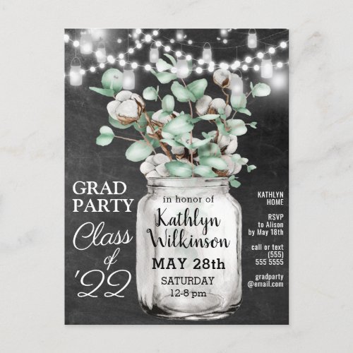 Eucalyptus Mason Jar Graduation 3 Photo Invitation Postcard