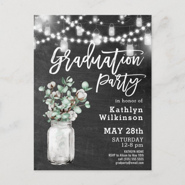 Eucalyptus Mason Jar Photo Graduation Invitation Postcard (Front)