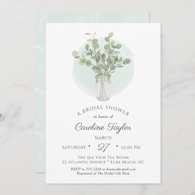 Eucalyptus Mason Jar Vase Boho Bridal Shower Invitation (Front/Back)