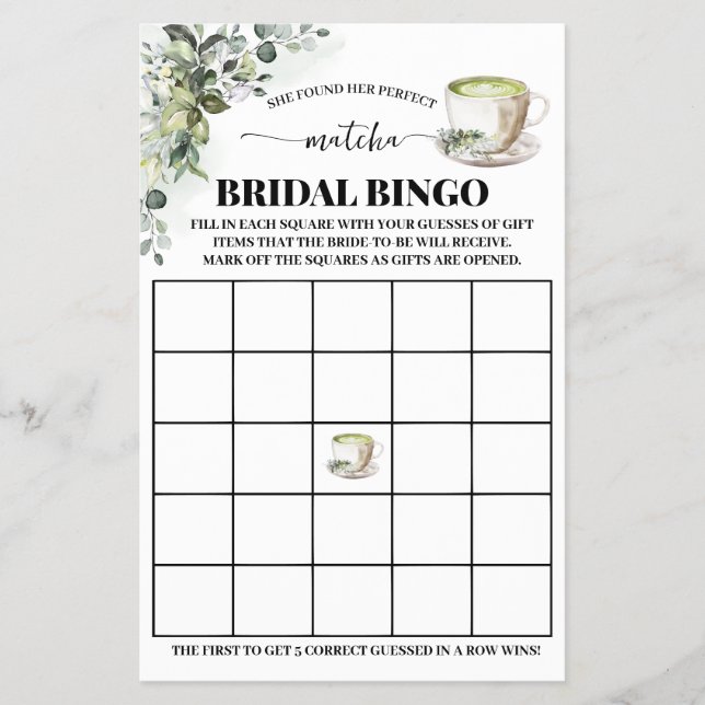 Eucalyptus Matcha Bridal Shower Bingo Game Card Flyer (Front)
