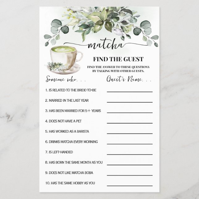 Eucalyptus Matcha Find the Guest Shower Game Card Flyer (Front)