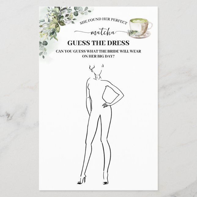 Eucalyptus Matcha Guess the Dress Shower Game Card Flyer (Front)