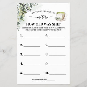 Eucalyptus Matcha How old was She Shower Game Card Flyer