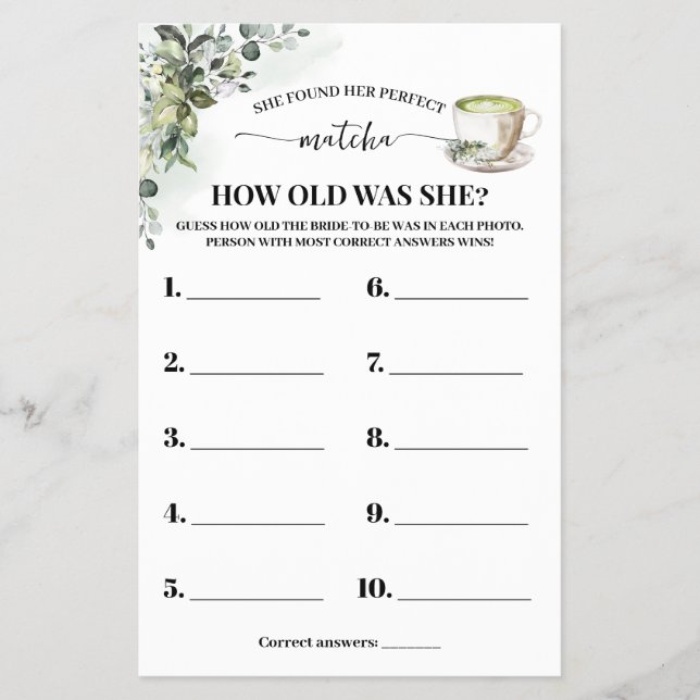 Eucalyptus Matcha How old was She Shower Game Card Flyer (Front)