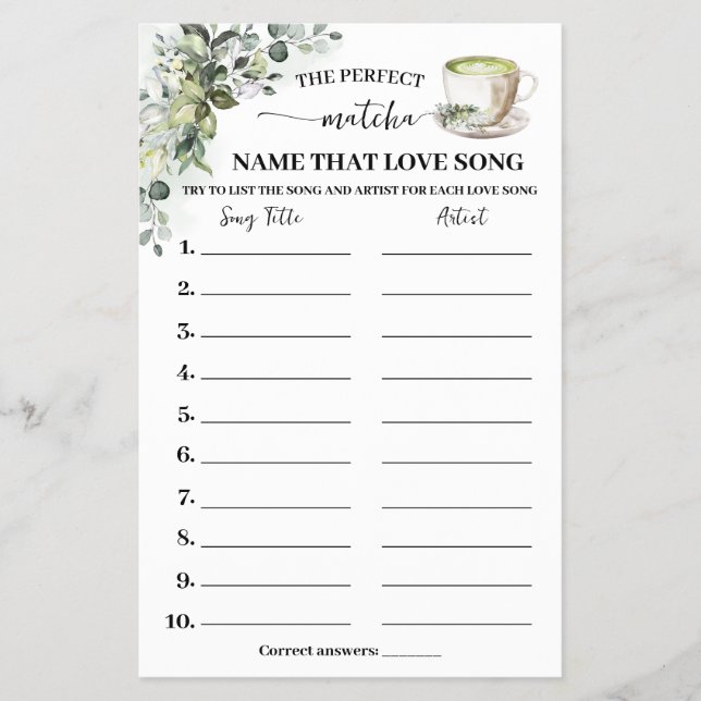 Eucalyptus Matcha Name Love Song Shower Game Card Flyer (Front)