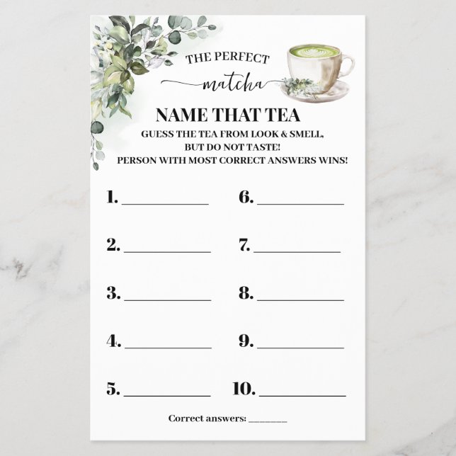 Eucalyptus Matcha Name that Tea Shower Game Card Flyer (Front)