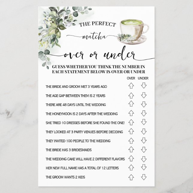 Eucalyptus Matcha Over or Under Shower Game Card Flyer (Front)