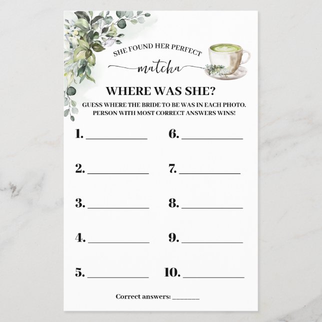 Eucalyptus Matcha Where was Bride Shower Game Card Flyer (Front)