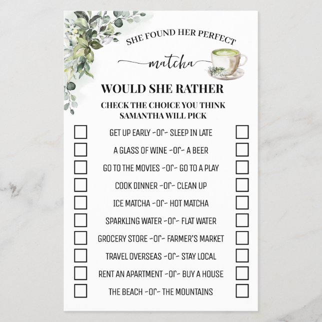 Eucalyptus Matcha Would She Rather Shower Game Flyer (Front)