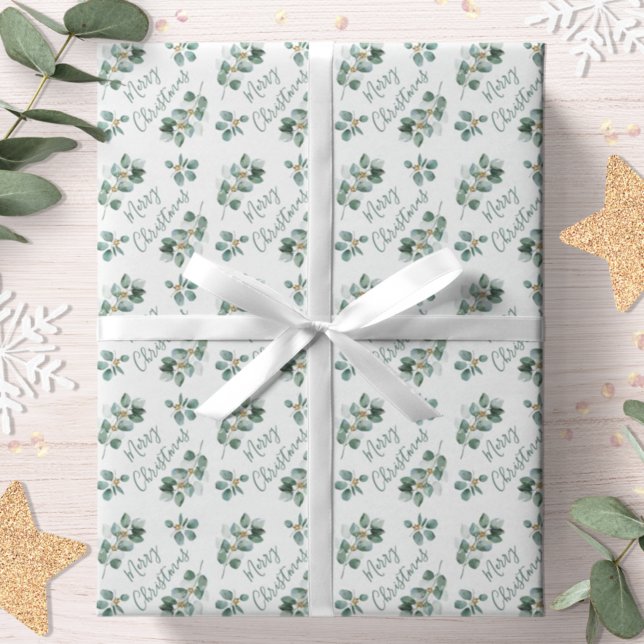 Eucalyptus Merry Christmas Watercolor Botanical Wrapping Paper (Creator Uploaded)