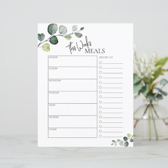 Eucalyptus Minimal Script Text Weekly Meal Planner (Standing Front)