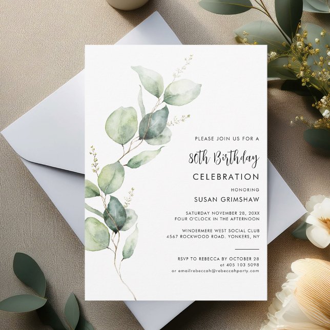 Eucalyptus Minimalist 80th Birthday Party Invitation (80th Birthday Party Sage Green Eucalyptus Stem Invitation)