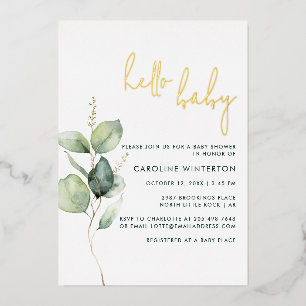 Eucalyptus Minimalist Botanical Girl Baby Shower Foil Invitation