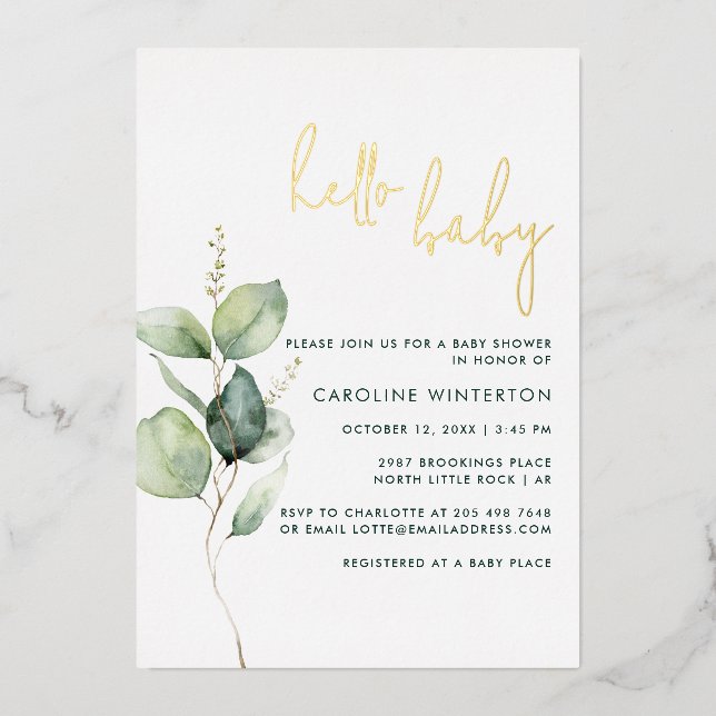 Eucalyptus Minimalist Botanical Girl Baby Shower Foil Invitation (Front)