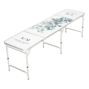 Eucalyptus Minimalist Couple Initials Wedding Beer Pong Table