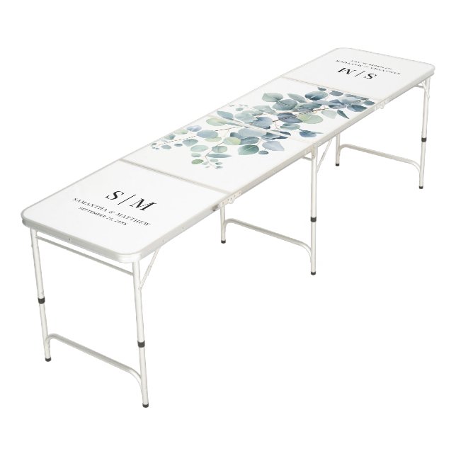 Eucalyptus Minimalist Couple Initials Wedding Beer Pong Table (Angled)