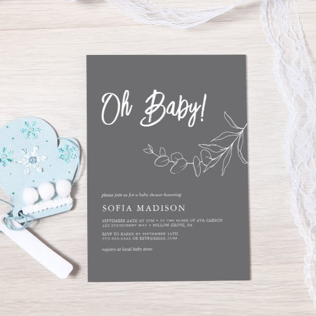 EUCALYPTUS Minimalist Grey Baby Shower Invitation (Creator Uploaded)