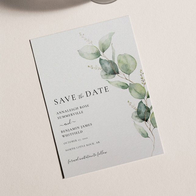 Eucalyptus Minimalist Watercolor Wedding Save The Date (Eucalyptus Greenery Foliage Wedding Save the Date)