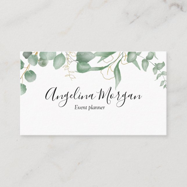 Eucalyptus minimalistic green and gold business ca card (Front)