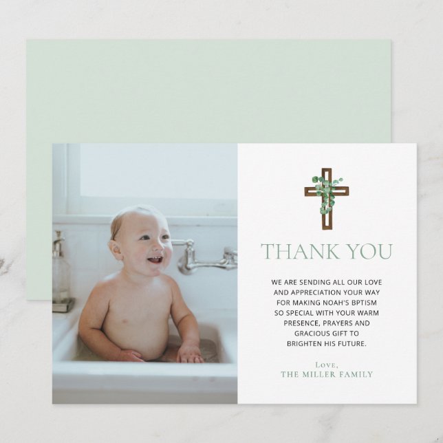 Eucalyptus Modern Baptism Photo Thank You Cards (Front/Back)