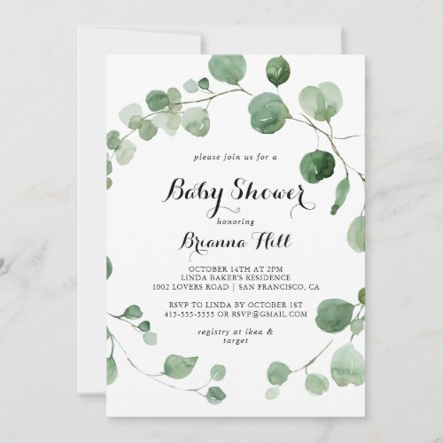Eucalyptus Modern Calligraphy Baby Shower  Invitation