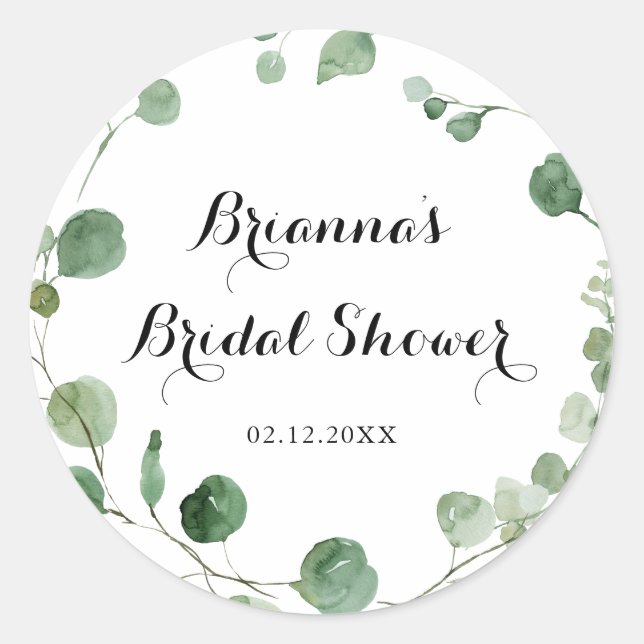 Eucalyptus Modern Calligraphy Bridal Shower Favor  Classic Round Sticker (Front)