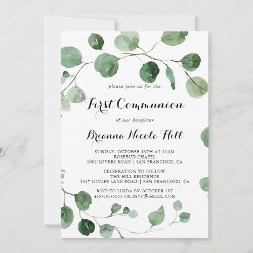 Eucalyptus Modern Calligraphy First Communion Invitation