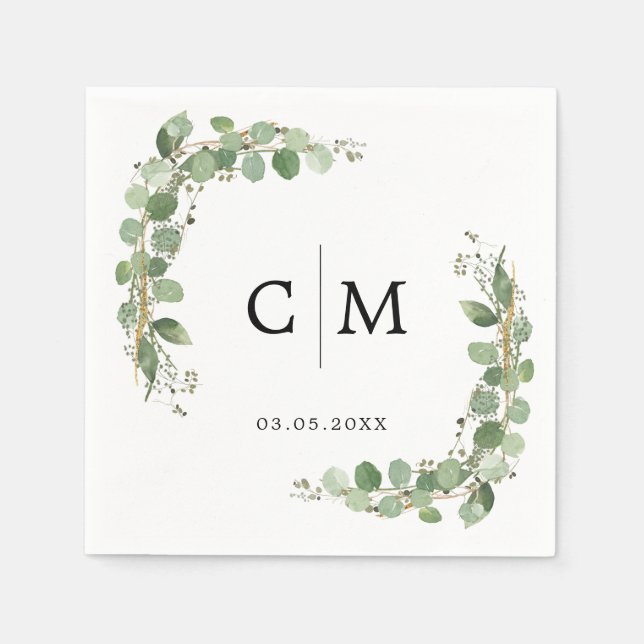 Eucalyptus Modern Calligraphy Monogram Wedding Napkins (Front)