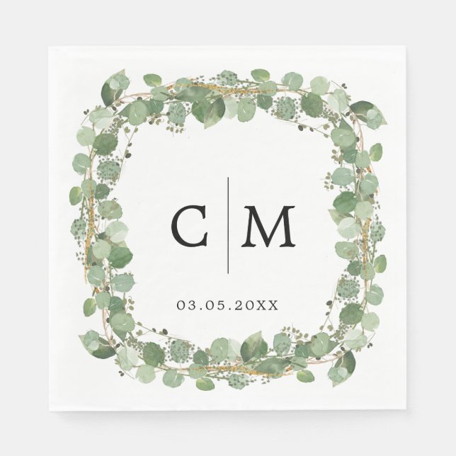 Eucalyptus Modern Calligraphy Monogram Wedding Napkins (Front)