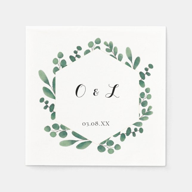 Eucalyptus Modern Calligraphy Monogram Wedding Napkins (Front)