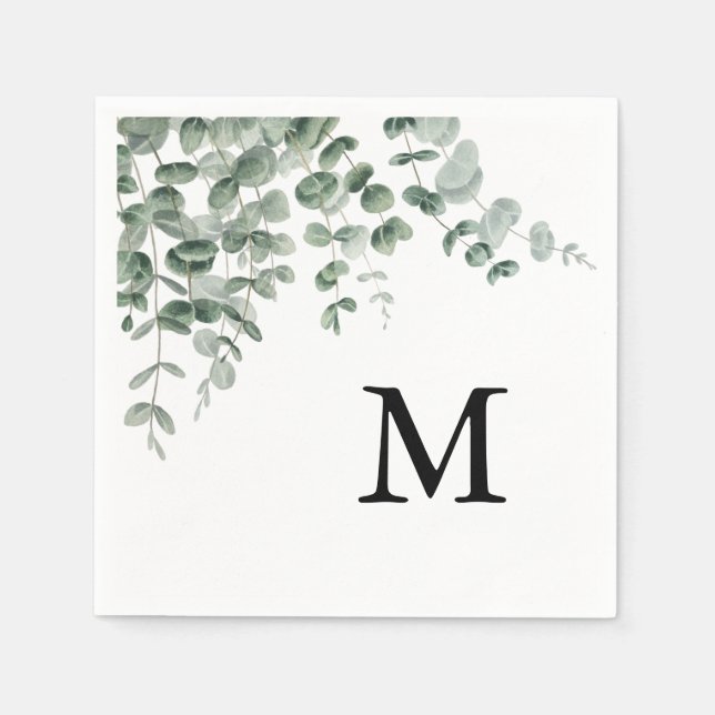 Eucalyptus Modern Calligraphy Monogram Wedding Napkins (Front)