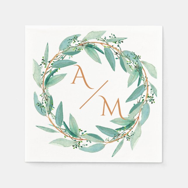 Eucalyptus Modern Calligraphy Monogram Wedding Napkins (Front)