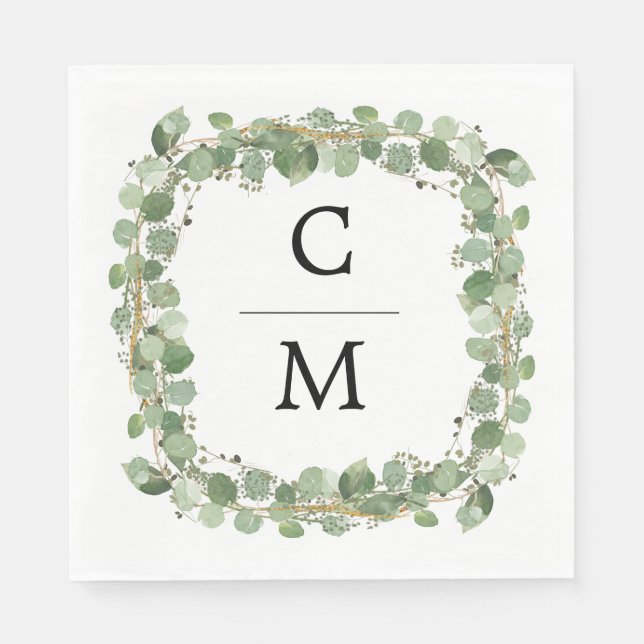 Eucalyptus Modern Calligraphy Monogram Wedding Napkins (Front)