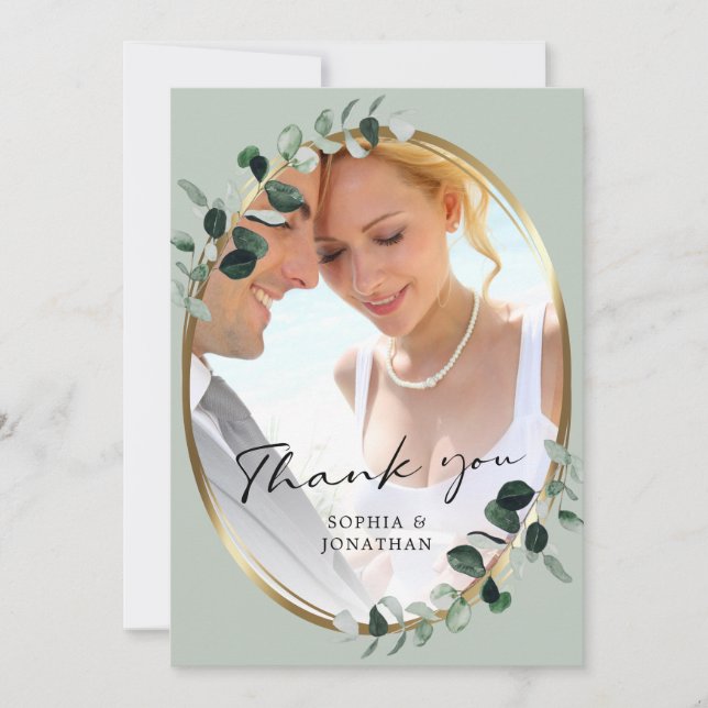 Eucalyptus Modern Calligraphy QRCode Photo Wedding Thank You Card (Front)