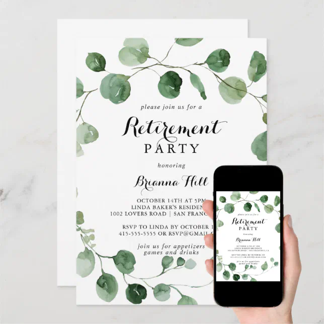 Eucalyptus Modern Calligraphy Retirement Party Invitation | Zazzle