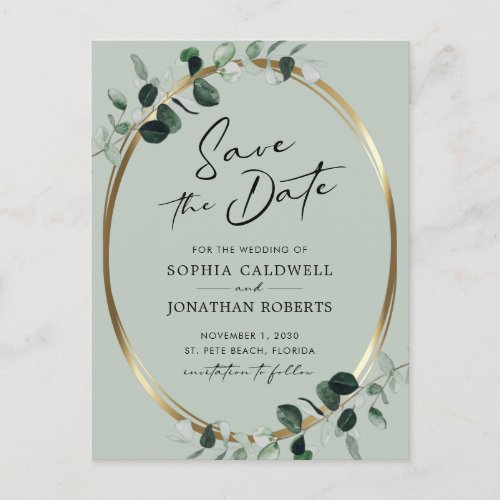 Eucalyptus Modern Calligraphy Sage Save the Date Announcement Postcard