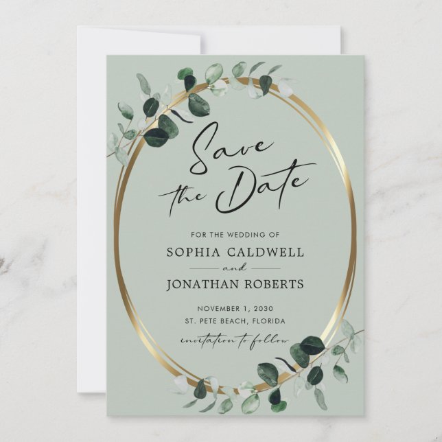 Eucalyptus Modern Calligraphy Sage Wedding Save The Date (Front)