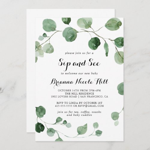 Eucalyptus Modern Calligraphy Sip and See  Invitation