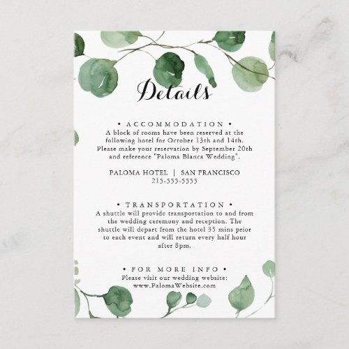 Eucalyptus Modern Calligraphy Wedding Details  Enclosure Card