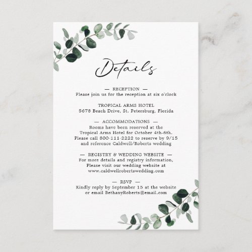 Eucalyptus Modern Calligraphy Wedding Details Enclosure Card