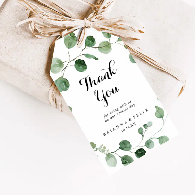 Eucalyptus Modern Calligraphy Wedding Thank You Gift Tags | Zazzle