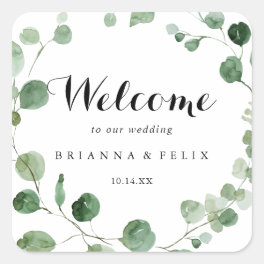 Eucalyptus Modern Calligraphy Wedding Welcome Square Sticker