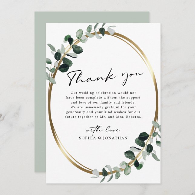 Eucalyptus Modern Calligraphy White Sage Wedding Thank You Card (Front/Back)