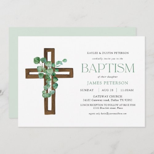 Eucalyptus Modern Cross Baptism Invitation